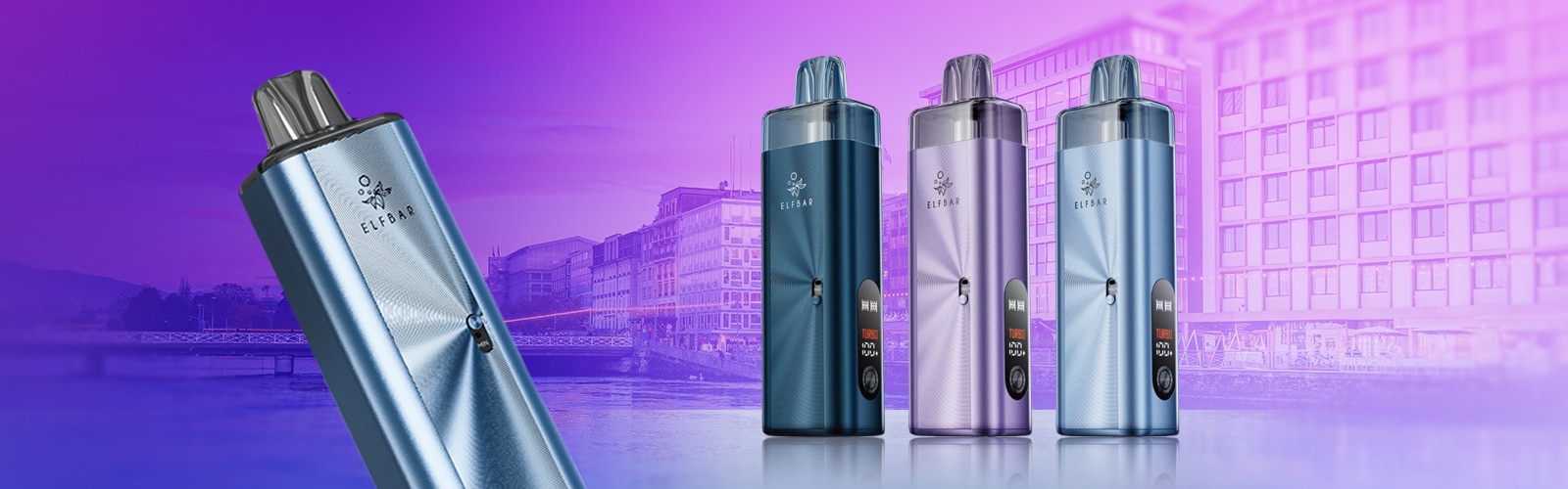 ELFBAR Pod System E-cigarette 20 mg in blue, dark blue and purple against a purple city background