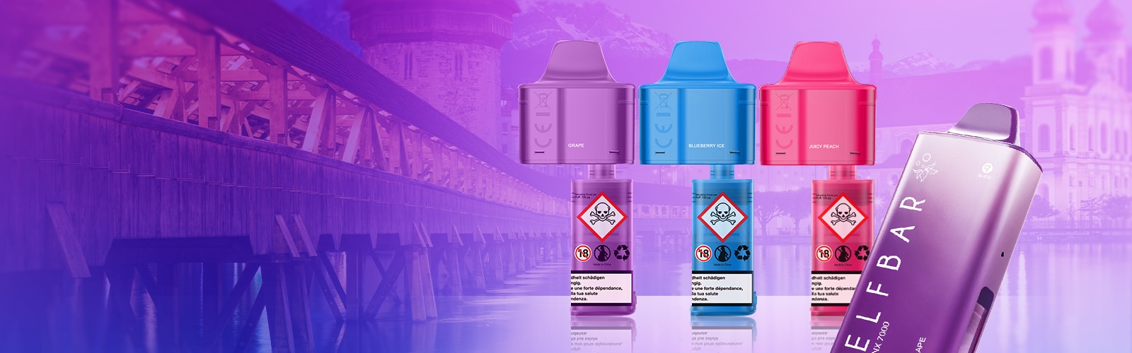 Elfbar ELFX Pod-Kartuschen 20 mg in Grape, Blueberry Ice und Juicy Peach vor violettem Hintergrund, ELFBAR Gerät rechts