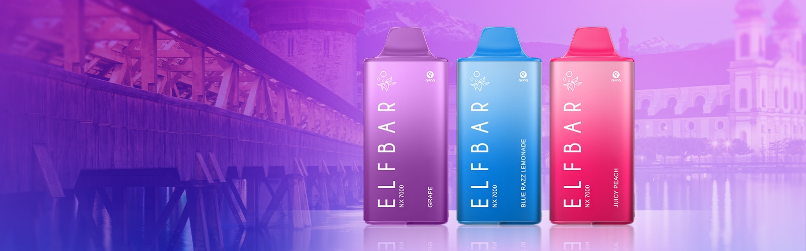 Drei Elfbar NX 7000 Einweg-Vapes 20 mg: Grape (lila), Blue Razz Lemonade (blau) und Juicy Peach (rot) vor Brückenmotiv