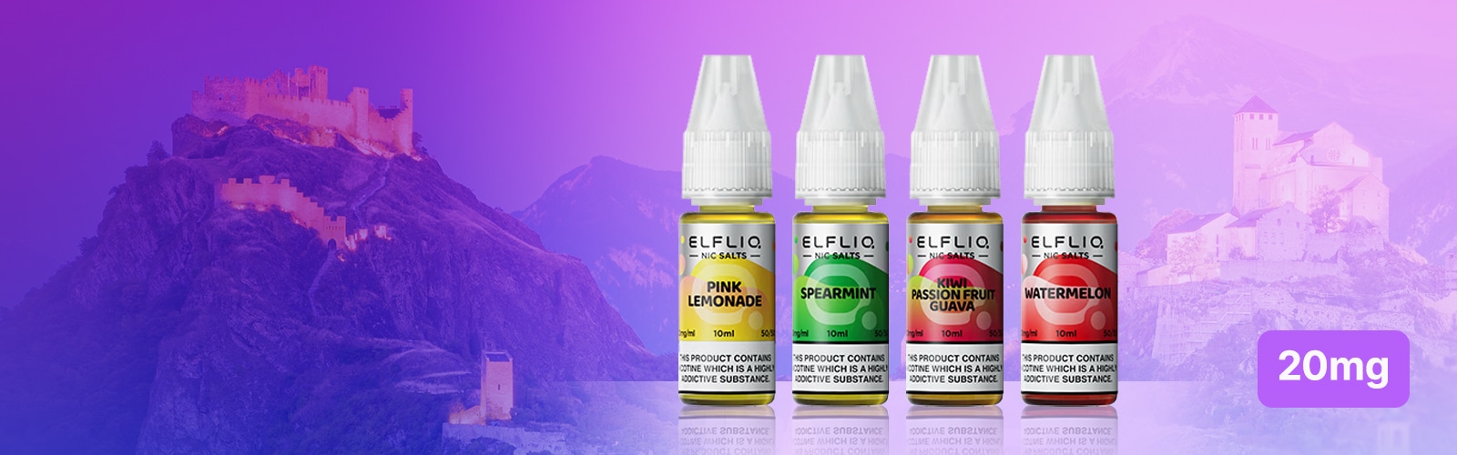 Assortiment d'e-liquides ELFLIQ aux sels de nicotine 20 mg : limonade rose, menthe verte, kiwi, fruit de la passion, goyave et pastèque, sur fond violet.