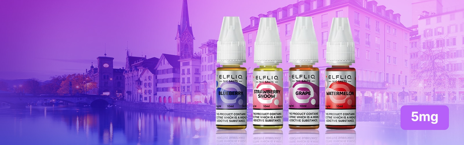 Elfliq Nic Salts E-Liquid 5 mg in 10 ml bottles: Blueberry, Strawberry Snoow, Grape and Watermelon against a cityscape
