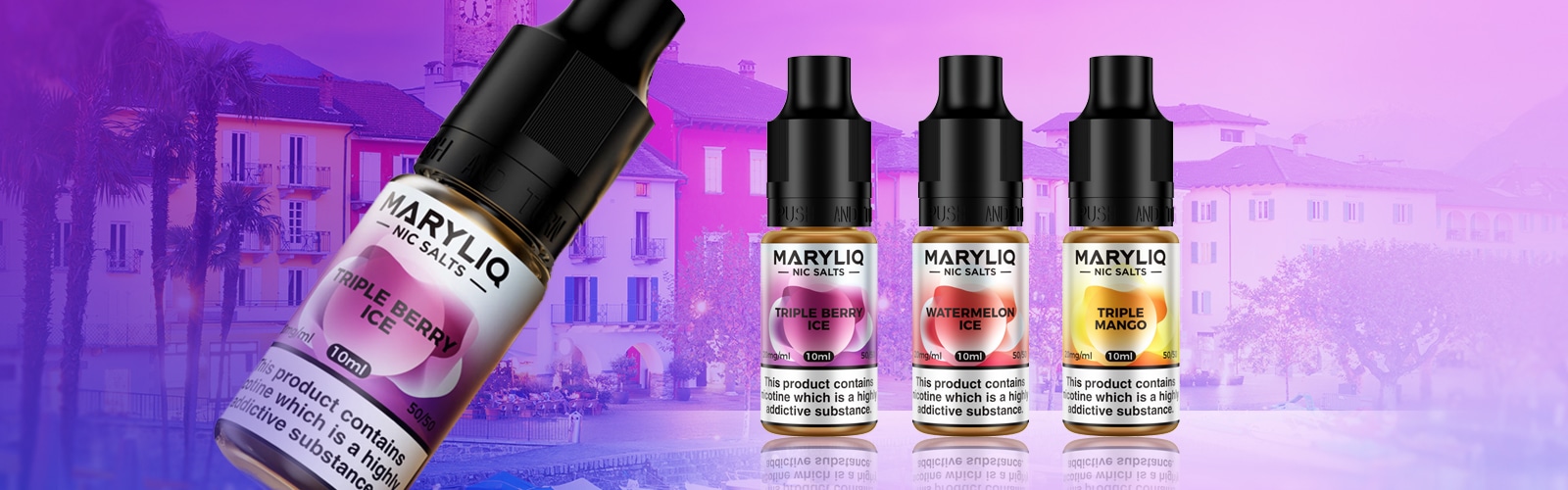 MARYLIQ Nic Salts E-Liquid Triple Berry Ice 10 mg, 10 ml Flasche vor lila Hintergrund, daneben weitere Sorten