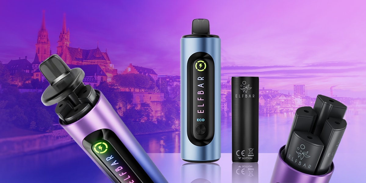 ELFBAR ECO E-Zigarette in Blau und Lila mit Pods im Vordergrund, 20 mg Nikotin, Produktfoto vor violettem Stadt-Hintergrund