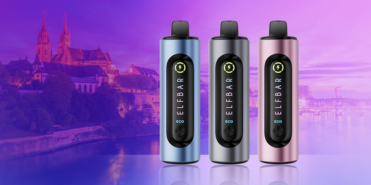 ELFBAR ELFA ECO Akku-Geräte in Blau, Grau und Rosa vor lila Stadt-Hintergrund, 20 mg