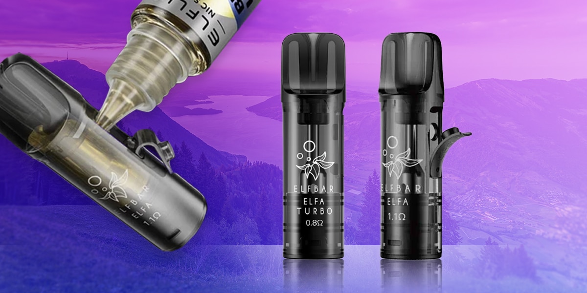 ELFBAR ELFA Turbo Pod 0,8 Ohm und ELFA Pod 1,1 Ohm in Schwarz, Nahaufnahme mit Liquidflasche vor violettem Hintergrund