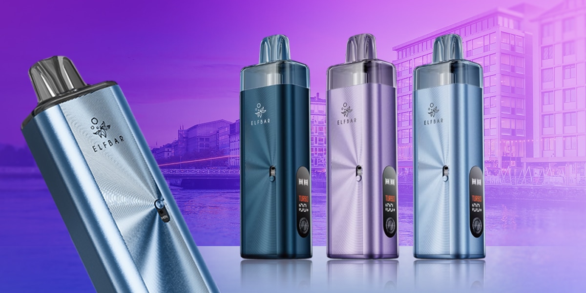ELFBAR Pod System Vape in blue and purple, three devices with display against a purple city background, 20 mg