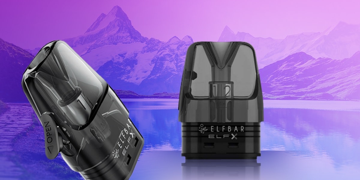 ELFBAR ELFX Pod 20 mg di colore nero, pod di ricambio con boccaglio trasparente, sullo sfondo di un lago di montagna viola.