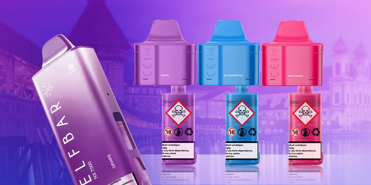 Elfbar ELFA 7000 Vape Pods 20 mg in Grape, Blueberry Ice und Juicy Peach, farbige Pod-Flaschen auf violettem Hintergrund