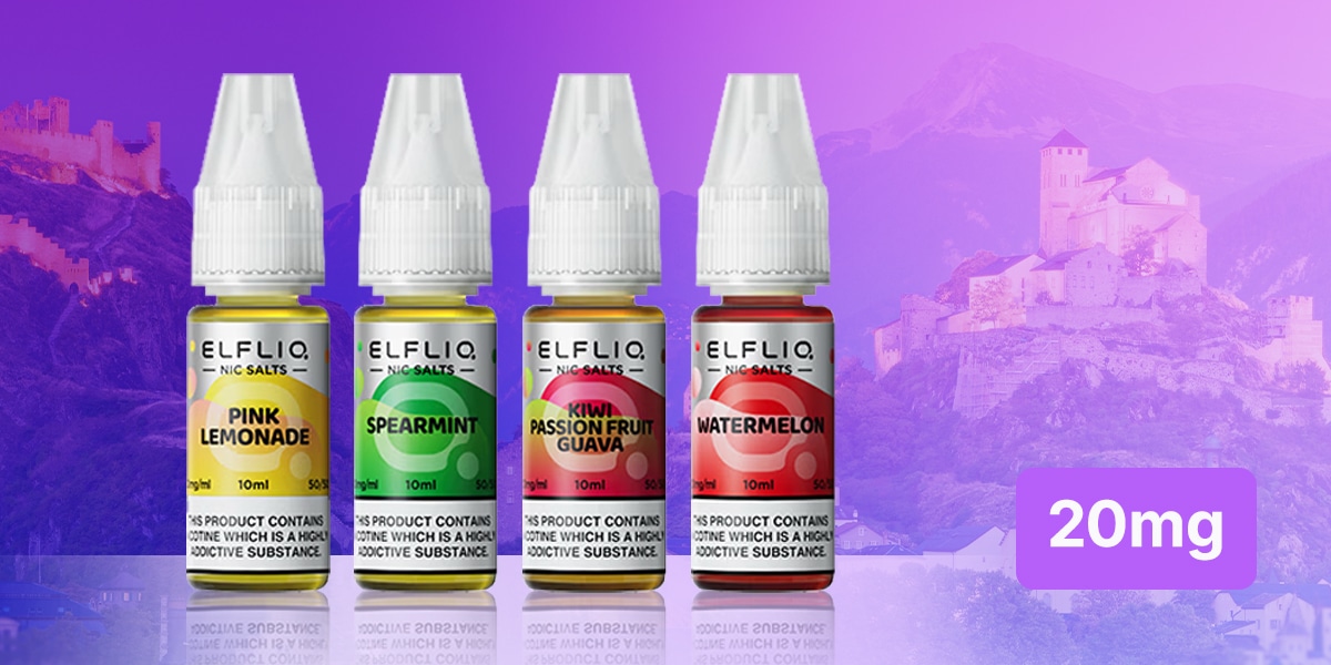Quatre flacons de e-liquide ELFLIQ aux sels de nicotine, 10 ml chacun : limonade rose, menthe verte, kiwi, fruit de la passion, goyave et pastèque, 20 mg