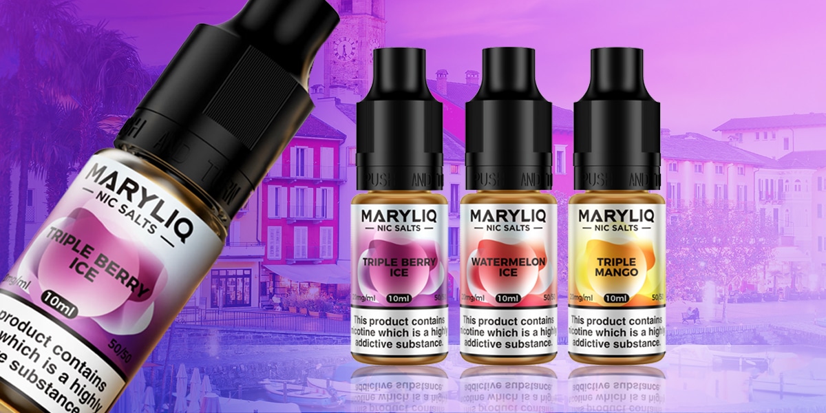 MARYLIQ Nic Salts 10ml E-Liquid 20 mg im Ice Trio: Triple Berry Ice, Watermelon Ice und Triple Mango, Flaschen vor violettem Hintergrund