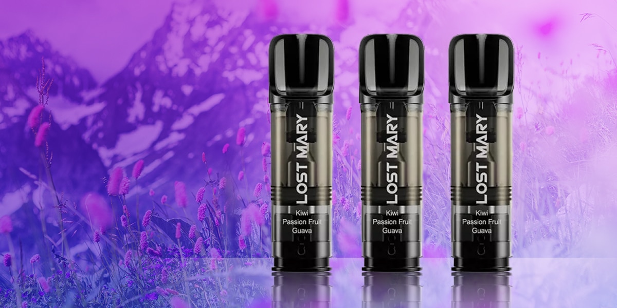 Drei LOST MARY Vape-Pods Kiwi Passion Fruit Guava mit 20 mg vor violettem Berg- und Blumenhintergrund