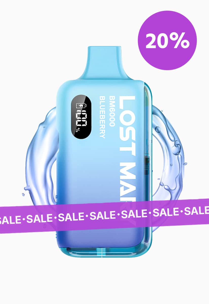 Lost Mary BM6000 Vape in Blau, Geschmack Blueberry, 20 mg Nikotin, mit 20%-Sale-Badge und Sale-Banner