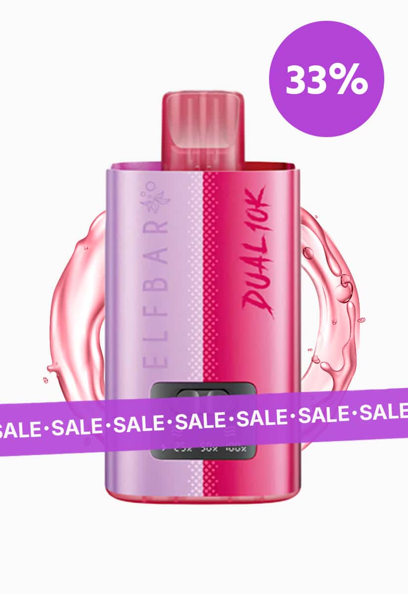 Elfbar Dual 10K Einweg-Vape in Pink-Lila mit 20 mg Nikotin, SALE-Banner und 33%-Badge auf weißem Hintergrund