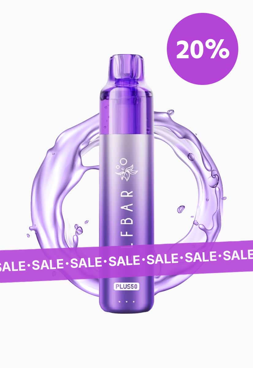 Lila Elf Bar Plus50 Einweg-Vape mit 20 mg Nikotin, Splash-Hintergrund und SALE-Banner sowie 20%-Badge