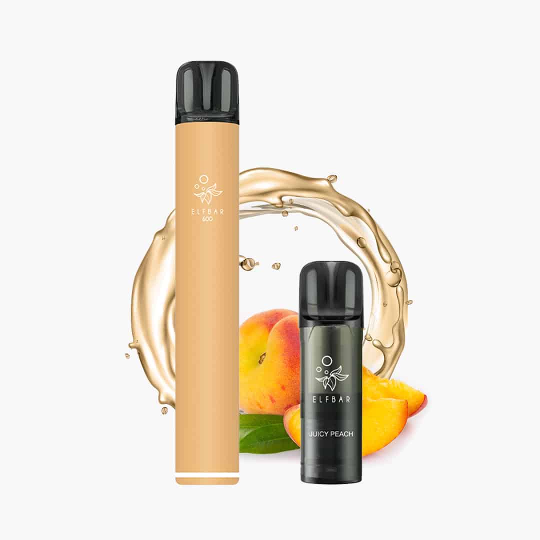 ELFBAR 600 Einweg-Vape Juicy Peach 20 mg in Pfirsichfarbe mit Pfirsichstücken und Saft-Splash im Hintergrund