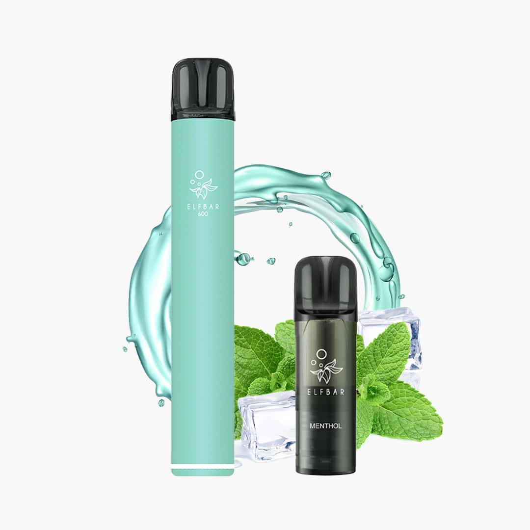 ELFBAR 600 Menthol Vape 20 mg in Mintgrün, daneben Menthol-Pod mit Eiswürfeln und Minzblättern