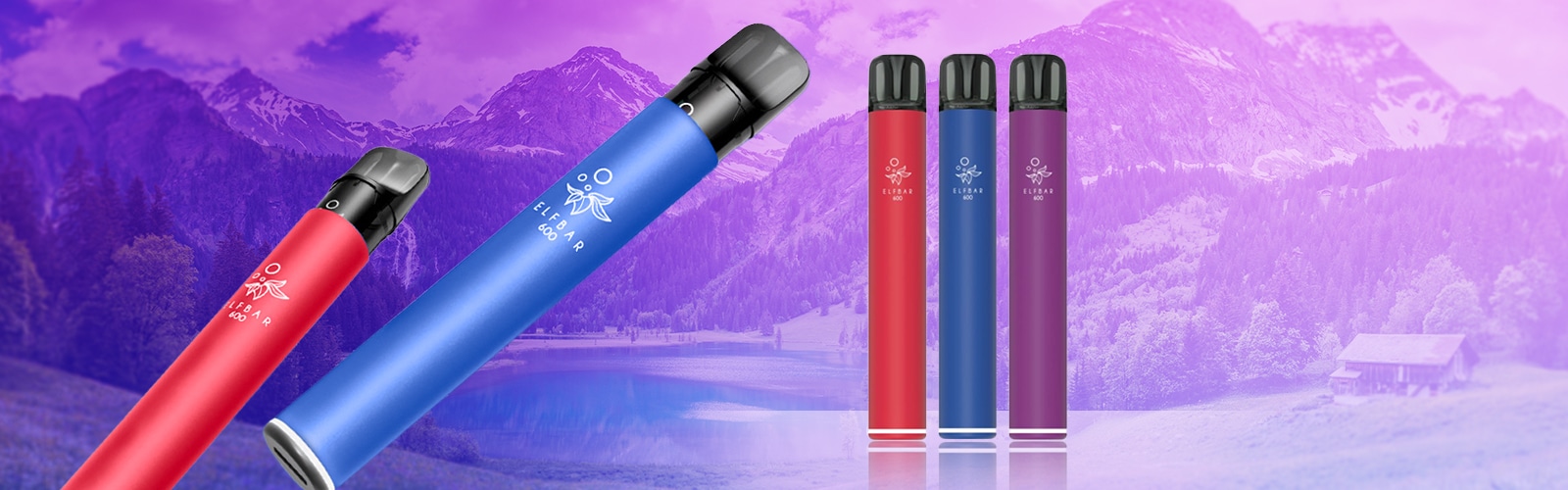 ELFBAR 600 Einweg Vape 20 mg in Rot, Blau und Lila vor violettem Bergsee-Hintergrund