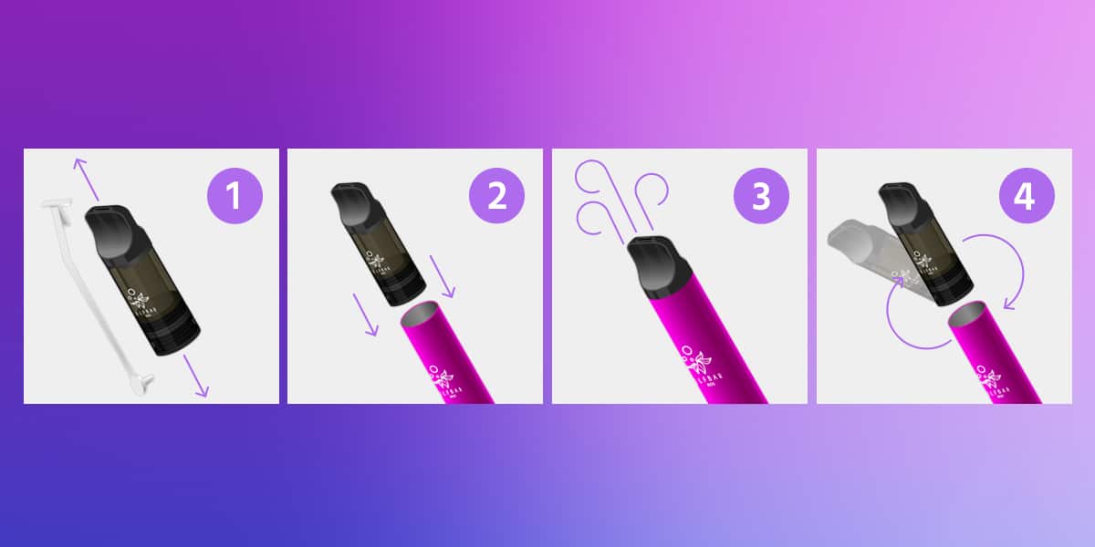 Illustration in 4 Schritten: OXVA XLIM Pod auf magenta Device aufsetzen und ausrichten, 20 mg