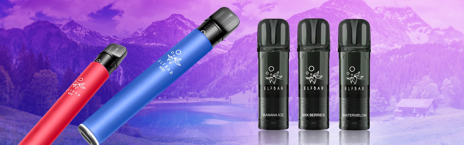 ELFBAR 600 Vape 20 mg in Rot und Blau sowie drei schwarze Pods: Banana Ice, Mix Berries und Watermelon vor Bergsee