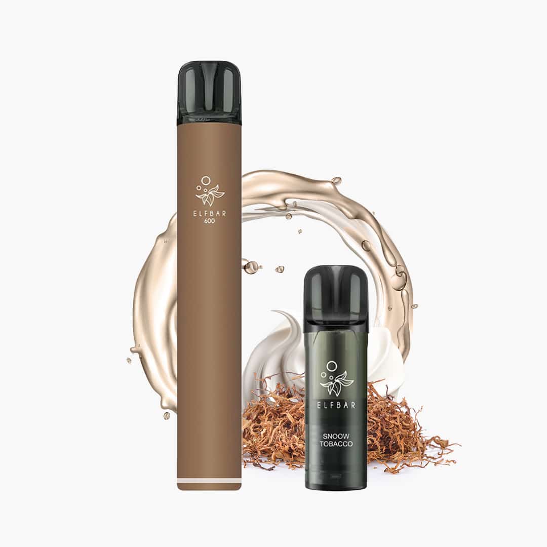 ELFBAR 600 Vape Snoow Tobacco 20 mg in Braun mit Tabakmotiv und hellem Splash-Hintergrund