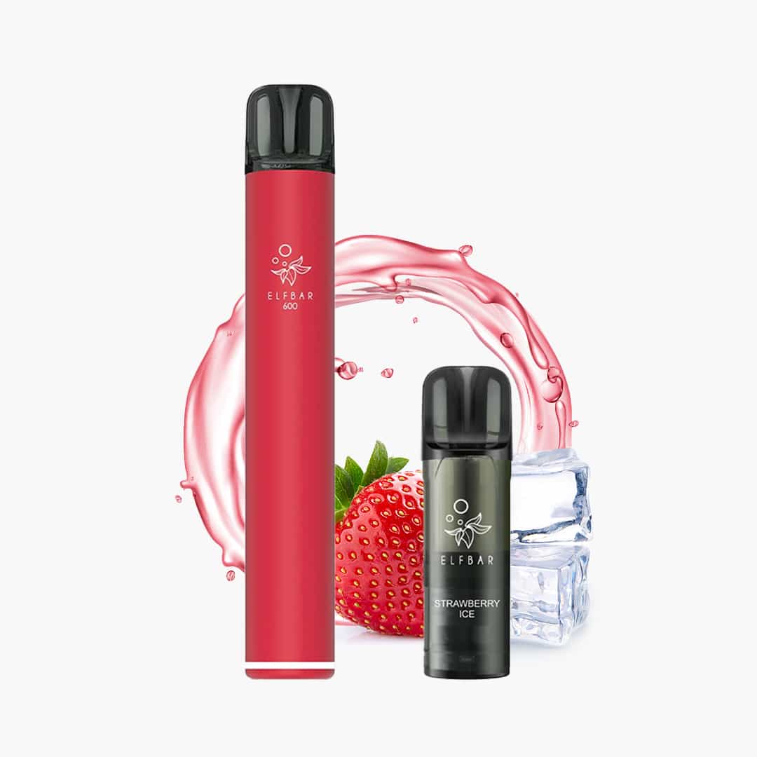 ELFBAR 600 Vape Strawberry Ice 20 mg in Rot, daneben Pod mit Erdbeere und Eiswürfeln im Hintergrund
