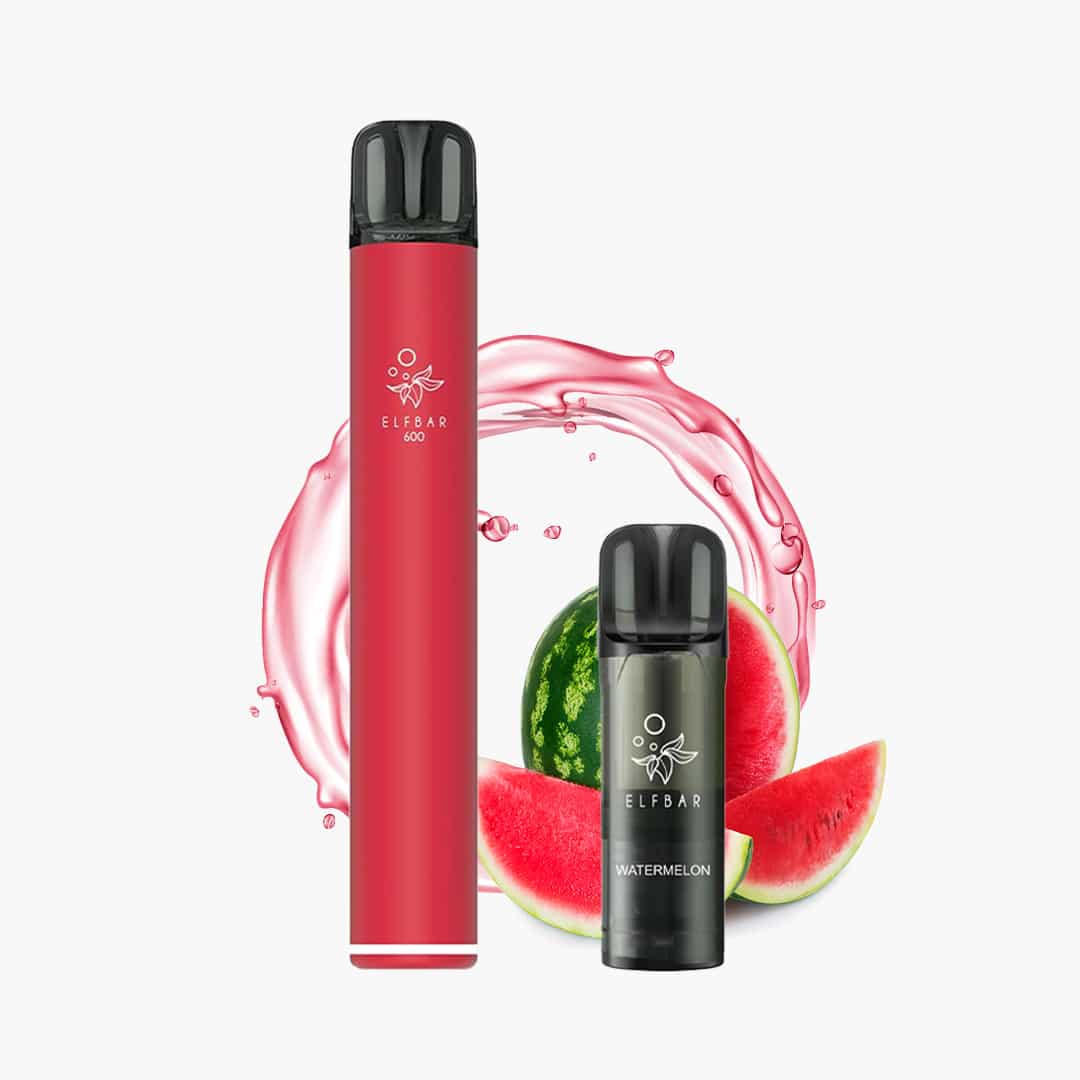 ELFBAR 600 Einweg-Vape Watermelon in Rot mit Wassermelonen-Motiv, 20 mg Nikotin, vor weißem Hintergrund