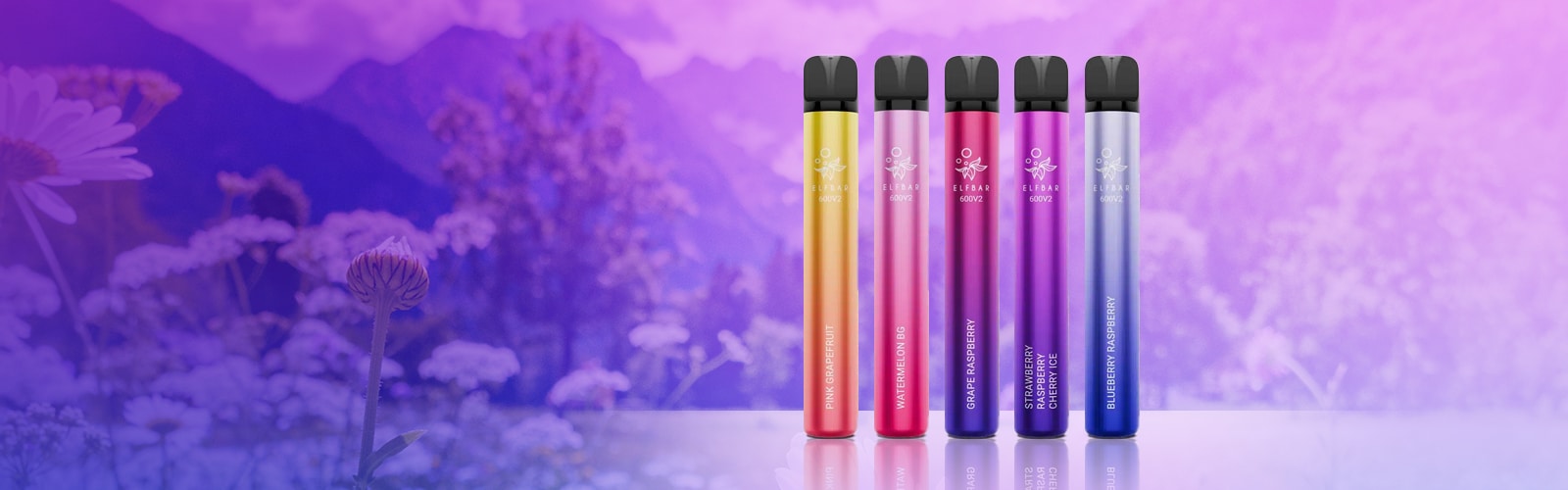 Cinq cigarettes électroniques jetables Elfbar 600V2 20 mg : Pamplemousse rose, Pastèque BG, Raisin Framboise, Fraise Framboise Cerise Glacée, Myrtille Framboise.
