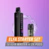 ELFBAR ELFA Starter Set 20 mg mit schwarzem ELFA Master Gerät und zwei Pods vor lila Hintergrund mit Wassersplash