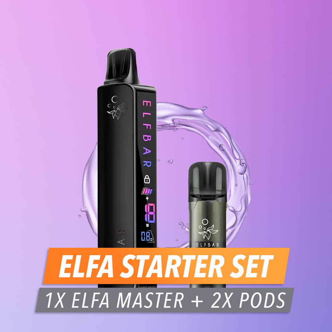 ELFBAR ELFA Starter Set 20 mg mit schwarzem ELFA Master Gerät und zwei Pods vor lila Hintergrund mit Wassersplash