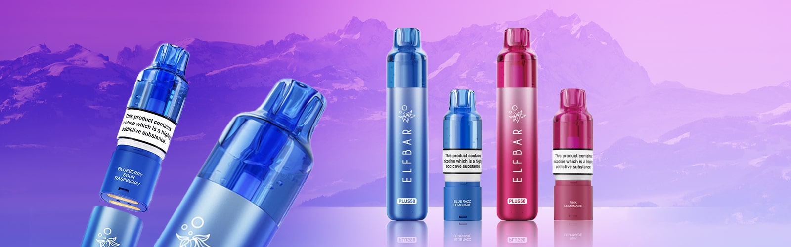 ELFBAR PLUS50 Vapes 20 mg in Blau und Pink, Sorten Blue Razz Lemonade, Pink Lemonade und Blueberry Sour Raspberry vor Berg-Hintergrund.