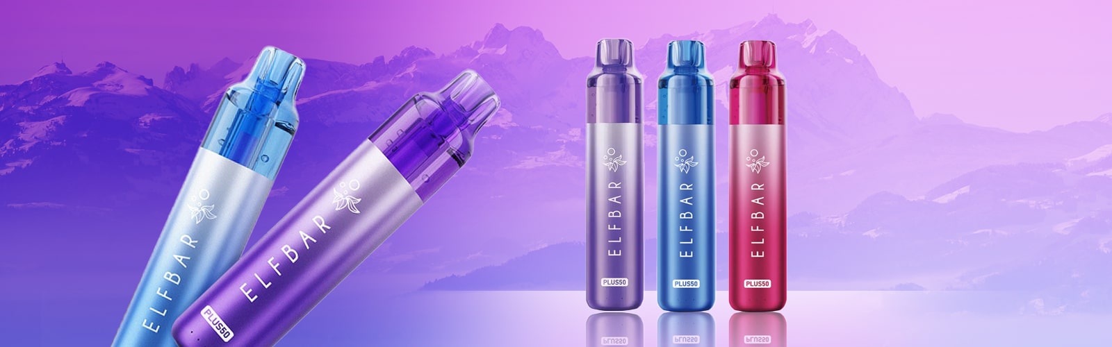 Sigarette elettroniche usa e getta ELFBAR PLUS50 con 20 mg di nicotina, nei colori blu, viola e rosso, su uno sfondo di montagne viola.