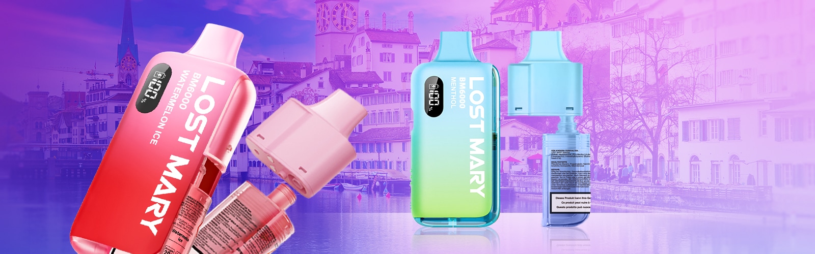 LOST MARY BM6000 Vapes in Rot und Blaugrün: Watermelon Ice und Menthol, 20 mg Nikotin, mit Flasche im Hintergrund