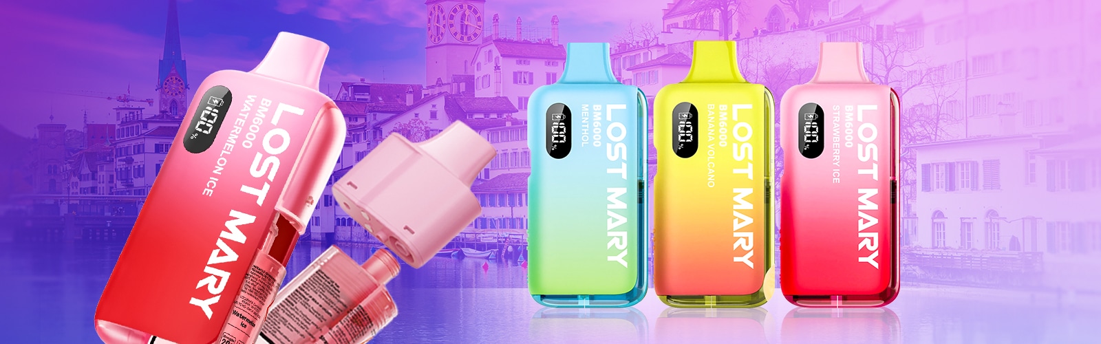 Lost Mary BM6000 Einweg-Vapes 20 mg in Watermelon Ice, Menthol, Banana Volcano und Blueberry Ice vor Stadt-Kulisse