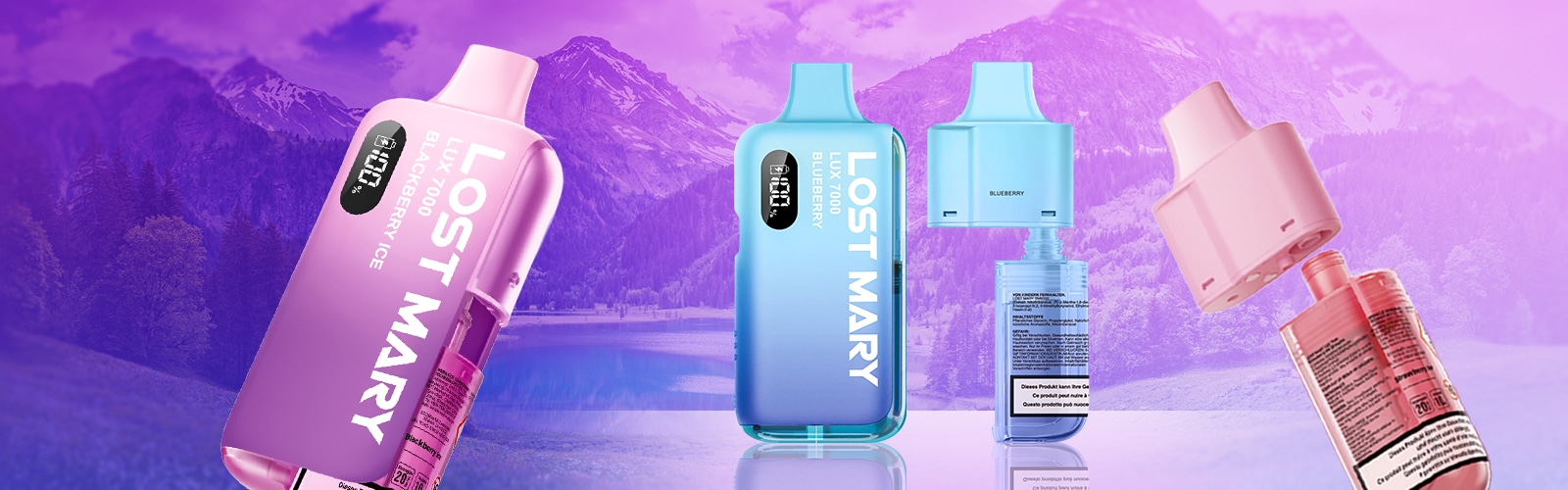 LOST MARY Lux 7000 Blueberry Vape 20 mg in Blau mit geöffneter Kartusche und Flasche, Bergsee-Hintergrund