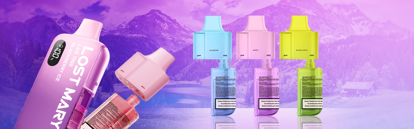 Lost Mary Lux 1000 Vape Black Berry Ice 20 mg, dispositivo usa e getta viola davanti a un paesaggio montano, con altre varianti di gusto mostrate accanto.