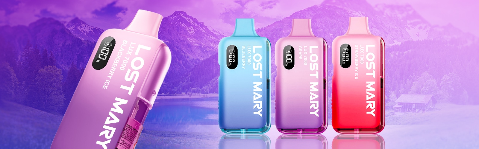 Lost Mary Lux 7000 Einweg-Vapes 20 mg in Blau, Lila und Rot vor Berg- und Seehintergrund