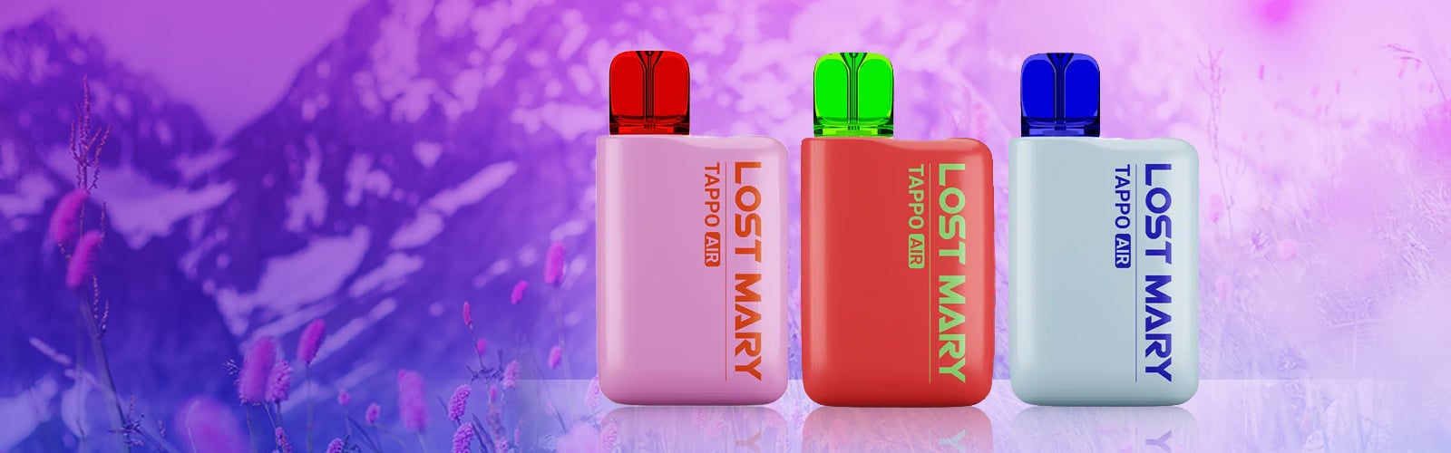 Three Lost Mary Tappo Air Vapes 20 mg in pink, red and light blue with colored mouthpieces against a mountain backdrop
