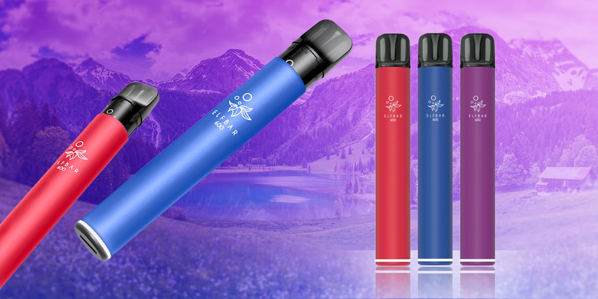 ELFBAR 600 Einweg Vape 20 mg in Rot, Blau und Lila vor violettem Bergsee-Hintergrund