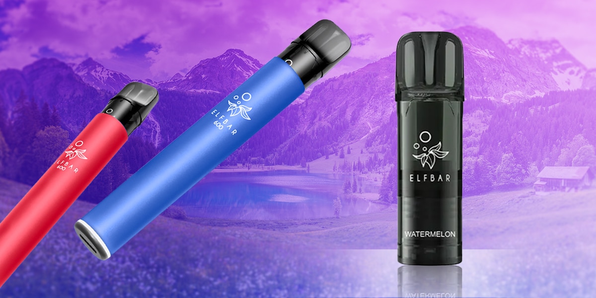 ELFBAR Pod Watermelon 20 mg in Schwarz mit zwei ELFBAR 600 Geräten (rot, blau) vor Bergsee-Hintergrund
