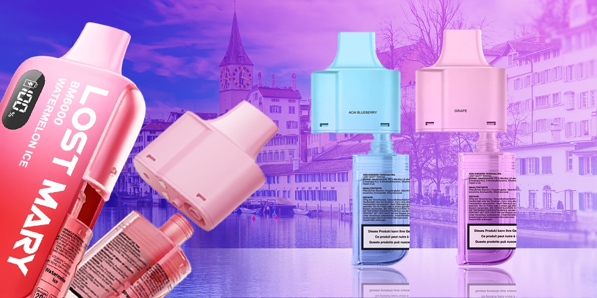 LOST MARY Cartouches de vape BM6000 20 mg : Açaï, myrtille et raisin, en bleu et rose sur fond de ville violette.