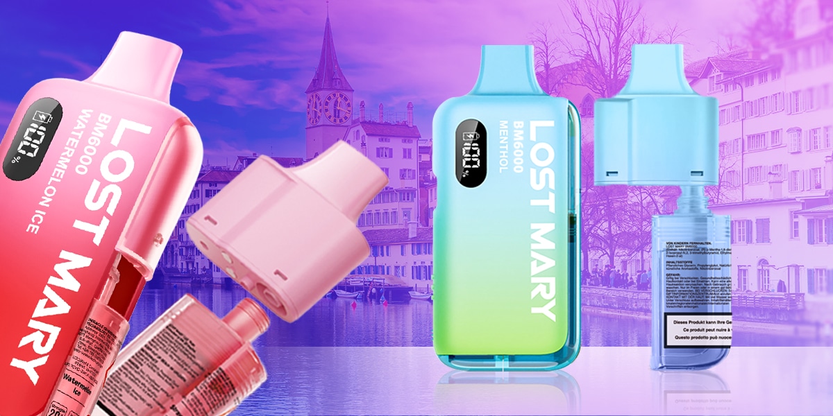 LOST MARY BM6000 Vape in Menthol und Watermelon Ice, 20 mg Nikotin, Geräte und Liquidflasche vor Stadt-Hintergrund