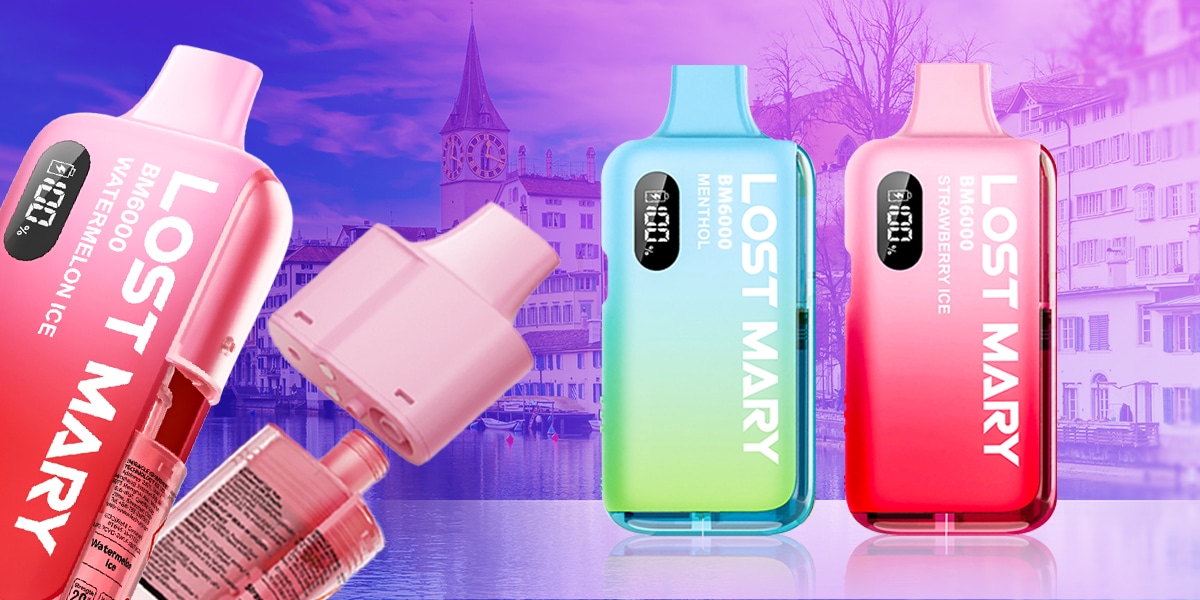 Lost Mary BM6000 Menthol Einweg-Vape 20 mg in Türkis-Grün mit Display vor Stadt-/See-Hintergrund