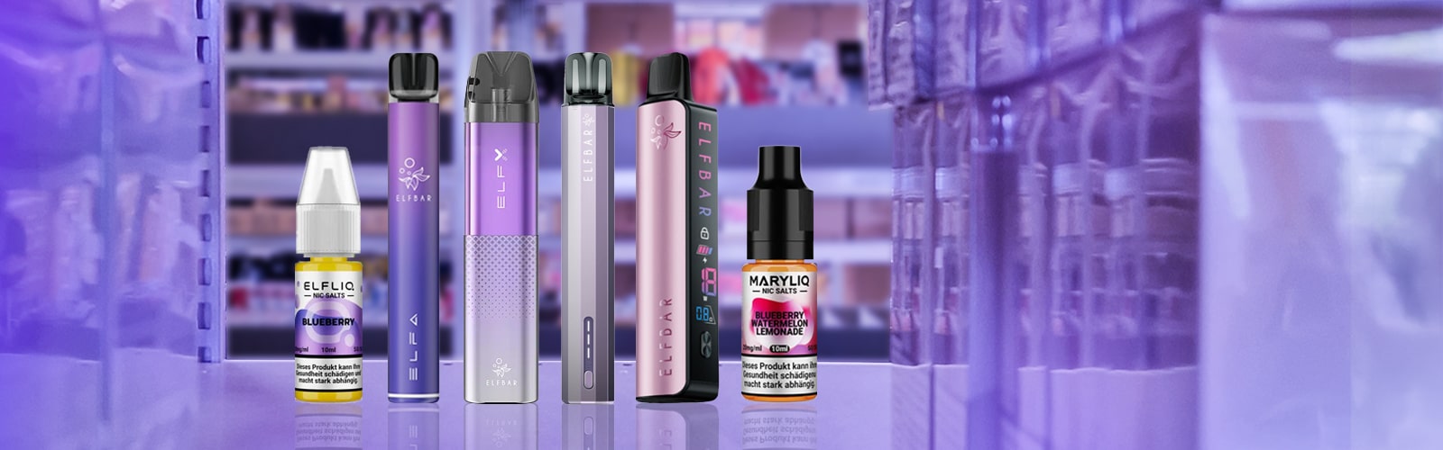 ELFLIQ Nic Salts Blueberry, liquido per sigaretta elettronica da 10 ml con 20 mg di nicotina, flacone accanto a Elfbar Vapes sullo scaffale sullo sfondo.