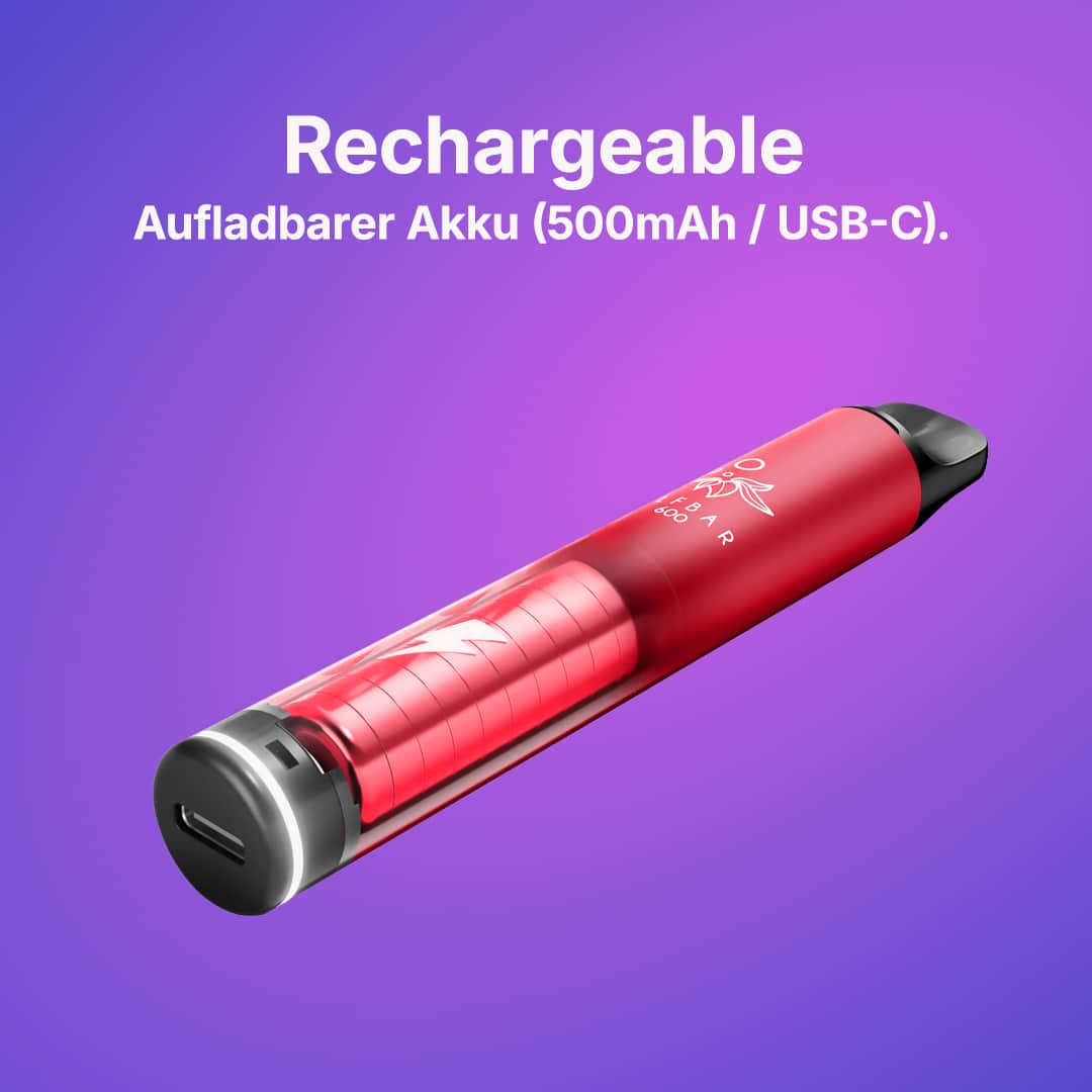 Roter Geek Bar 500 mAh Akku mit USB-C Ladeanschluss, auf violettem Hintergrund, 20 mg Hinweis nicht sichtbar