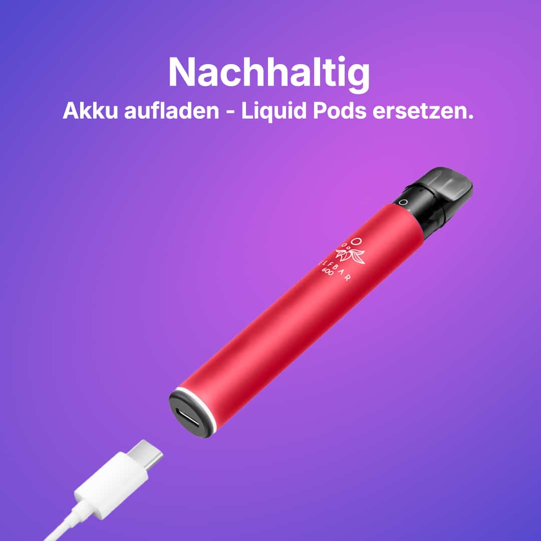 Roter Elfbar ELFA Vape-Akku 20 mg mit Pod-Aufnahme und USB-C-Ladekabel vor lila Hintergrund, Text „Nachhaltig“.