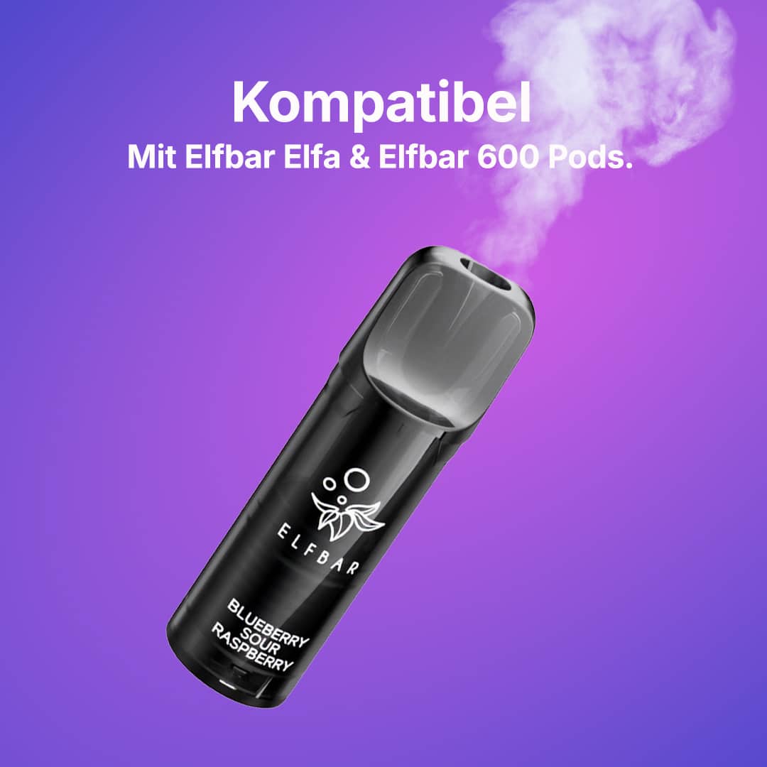 ELFBAR Pod Blueberry Sour Raspberry mit 20 mg Nikotin, schwarzer Pod vor violettem Hintergrund, kompatibel mit Elfa & 600 Pods