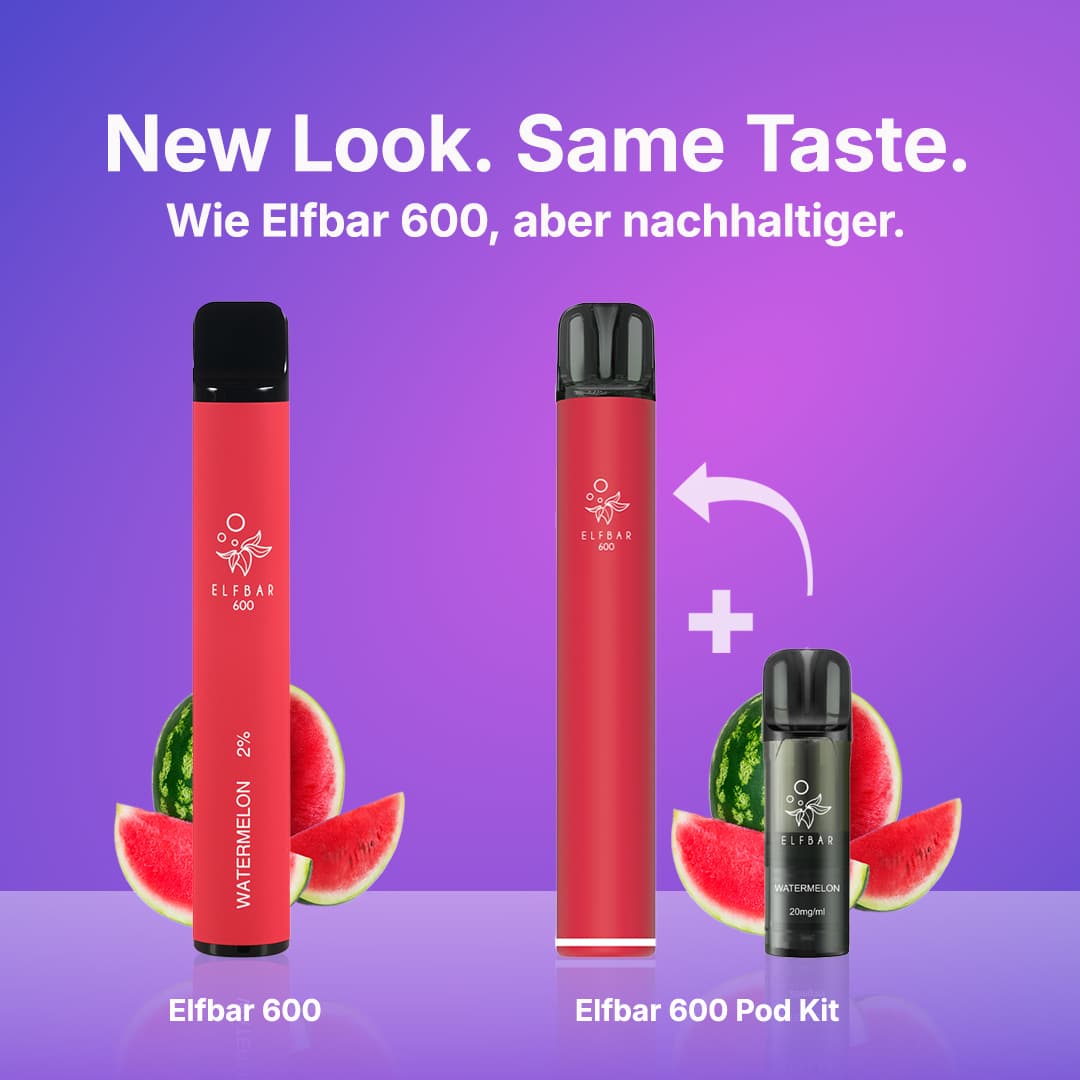 Elfbar 600 Pod Kit Watermelon 20 mg mit rotem Gerät und Watermelon-Pod vor lila Hintergrund, daneben Elfbar 600 Einweg