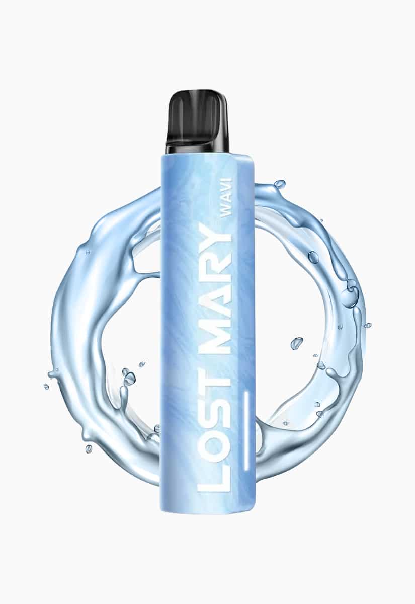 Lost Mary Wavi Einweg-Vape in Blau mit Schriftzug „LOST MARY“ und Wasserspritzer-Motiv, 20 mg Nikotin
