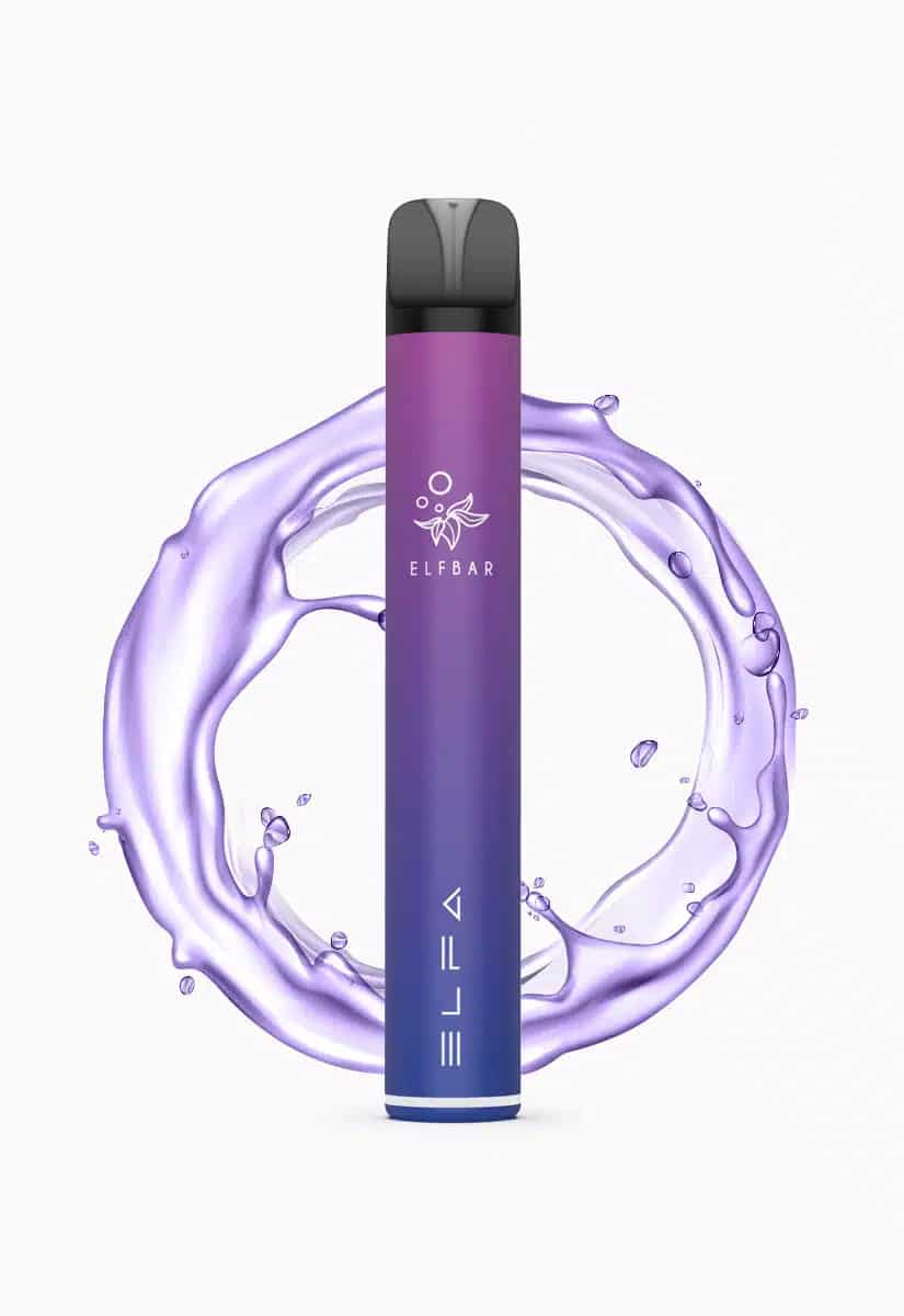 Kit ELFBAR ELFA Pod viola/blu con logo ELFA, 20 mg, isolato con sfondo viola a schizzi.