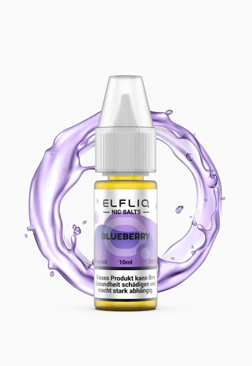 ELFLIQ Nic Salts Blueberry E-Liquid 10mg 10ml Flasche mit violettem Splash-Hintergrund